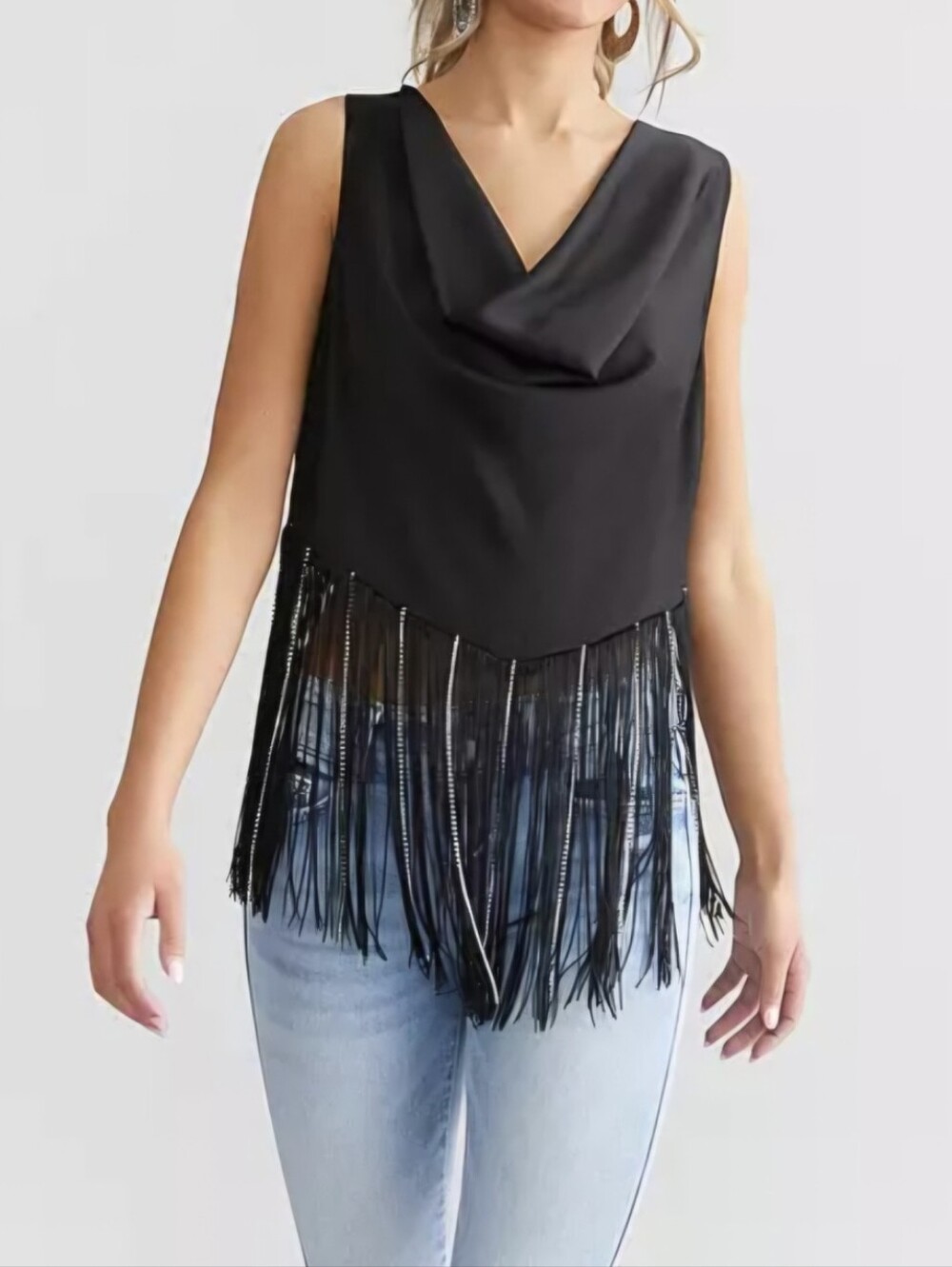 Zara Sleeveless Draped Cowl Neck Fringe - Sexy Festival Club - Black US L - NWOT